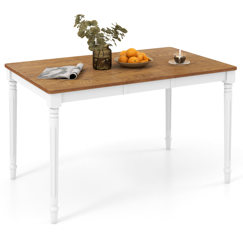 Extendable dining table with a wooden top and white legs, perfect for dining rooms and gatherings.