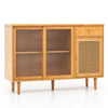 Bamboo sideboard with sliding glass doors and rattan details, perfect for modern and farmhouse dining room decor.