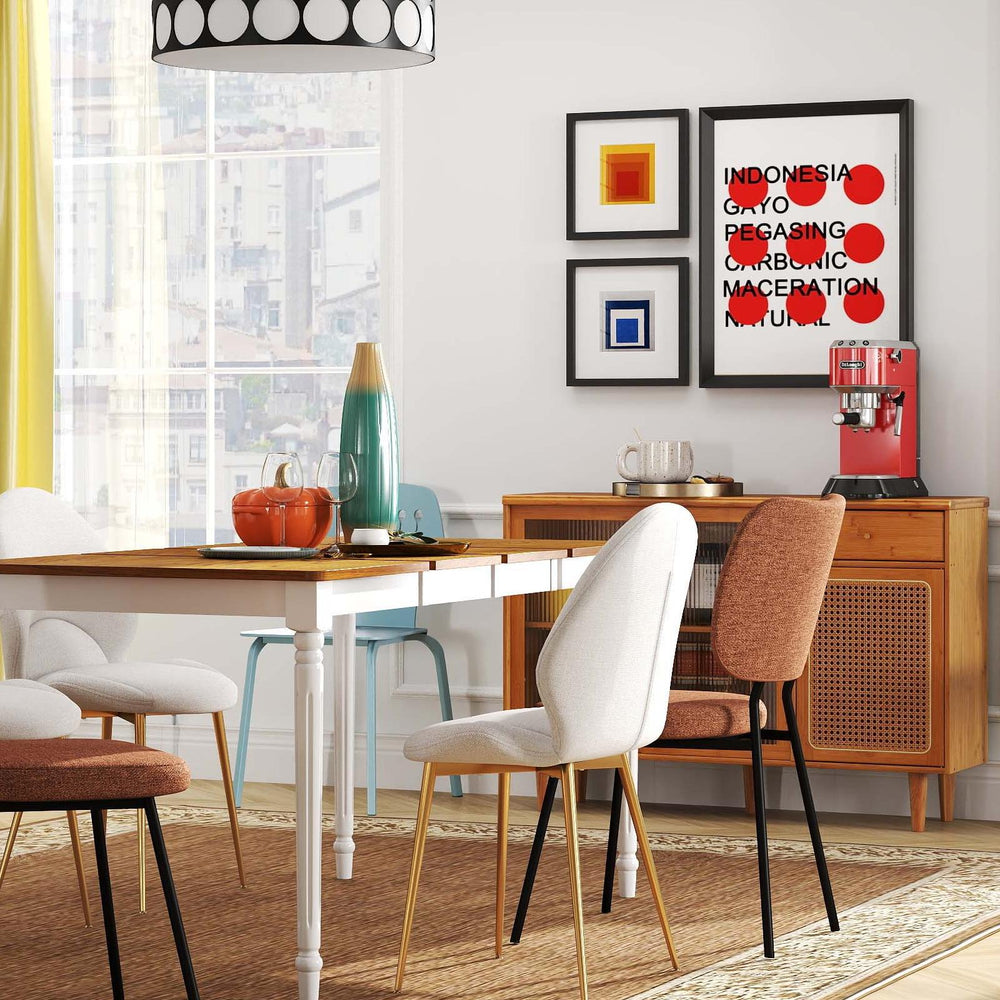 Extendable dining table with four chairs in a modern dining room, featuring bamboo sideboard and electric fireplace.