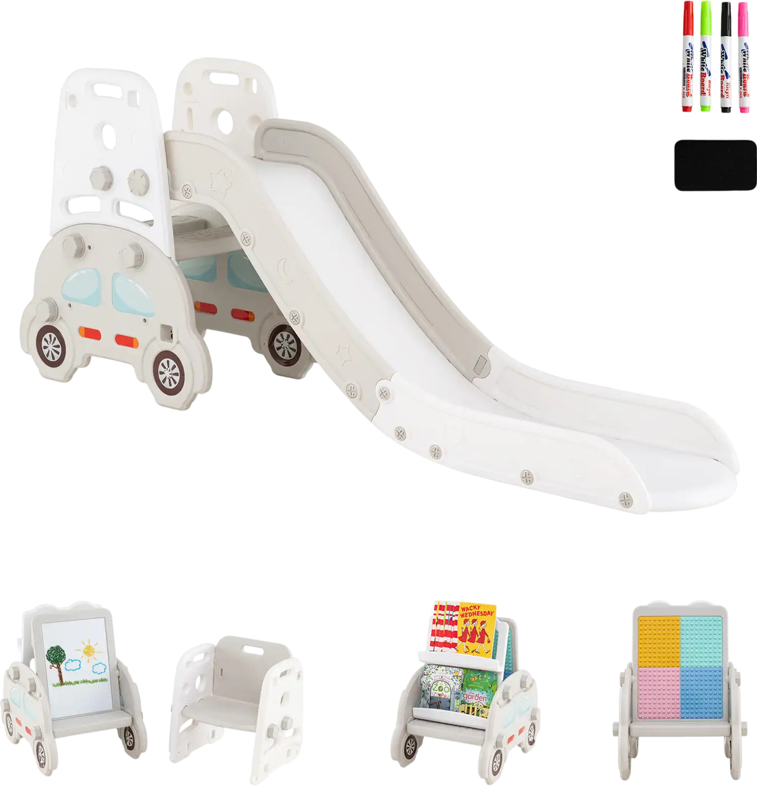 Costway 5-in-1 Convertible Toddler Slide Set Kids Art Easel Stool Book Rack 12130549 New