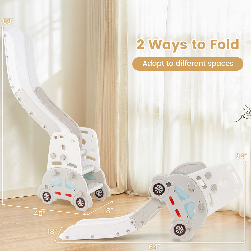 Convertible toddler slide set with car-themed design, featuring a foldable slide and art easel for versatile play.