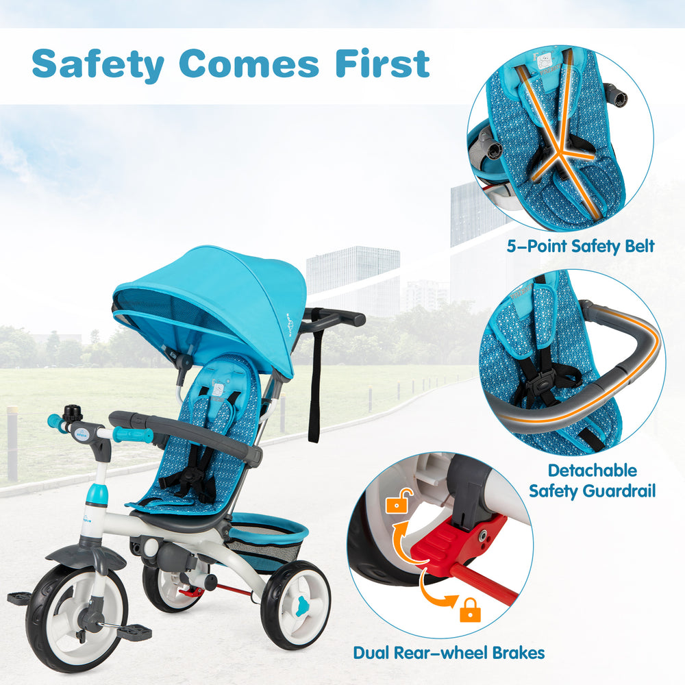 Detachable baby stroller tricycle in blue with 5-point safety belt, adjustable canopy, and dual rear-wheel brakes for.