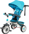 Detachable baby stroller tricycle in blue with adjustable canopy, safety features, and mesh storage basket for kids.