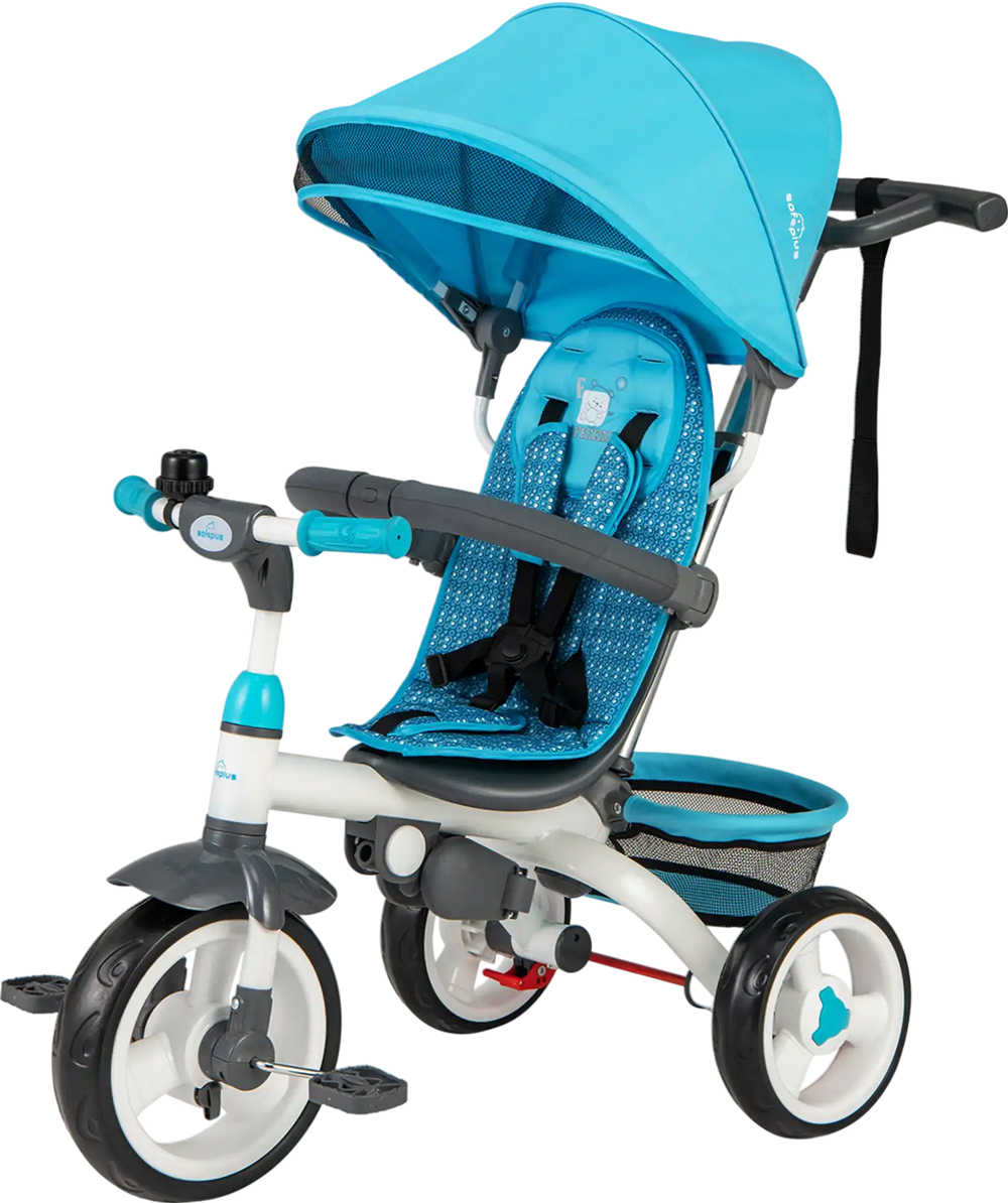 Detachable baby stroller tricycle in blue with adjustable canopy, safety features, and mesh storage basket for kids.