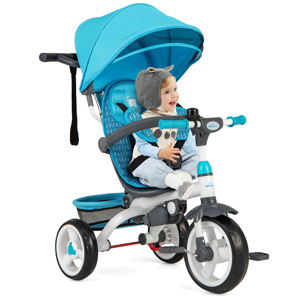 5-in-1 detachable baby stroller tricycle in blue with adjustable canopy, safety features, and comfortable seat for kids.