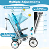 5-in-1 baby stroller tricycle in blue with a 5-position adjustable canopy and 4-level pushing handle for versatile use.