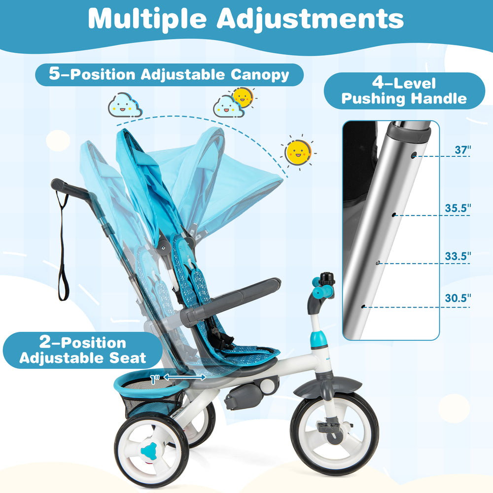 5-in-1 baby stroller tricycle in blue with a 5-position adjustable canopy and 4-level pushing handle for versatile use.