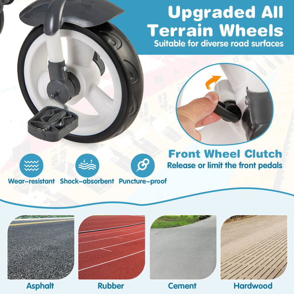 Close-up of the upgraded all-terrain wheels on the 5-in-1 detachable baby stroller tricycle, designed for stability on.