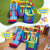4-in-1 kids bouncer with long slide, basketball hoop, and jumping area for indoor parties or outdoor games.