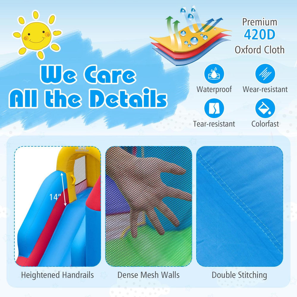 4-in-1 kids bouncer featuring a long slide, jumping area, and heightened handrails for safe outdoor fun.