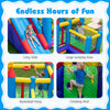 4-in-1 kids bouncer featuring a long slide, large jumping area, basketball hoop, and climbing wall for outdoor fun.