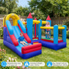 Kids bouncing in the 4-in-1 bouncer with slide, basketball hoop, and climbing wall, perfect for outdoor fun.