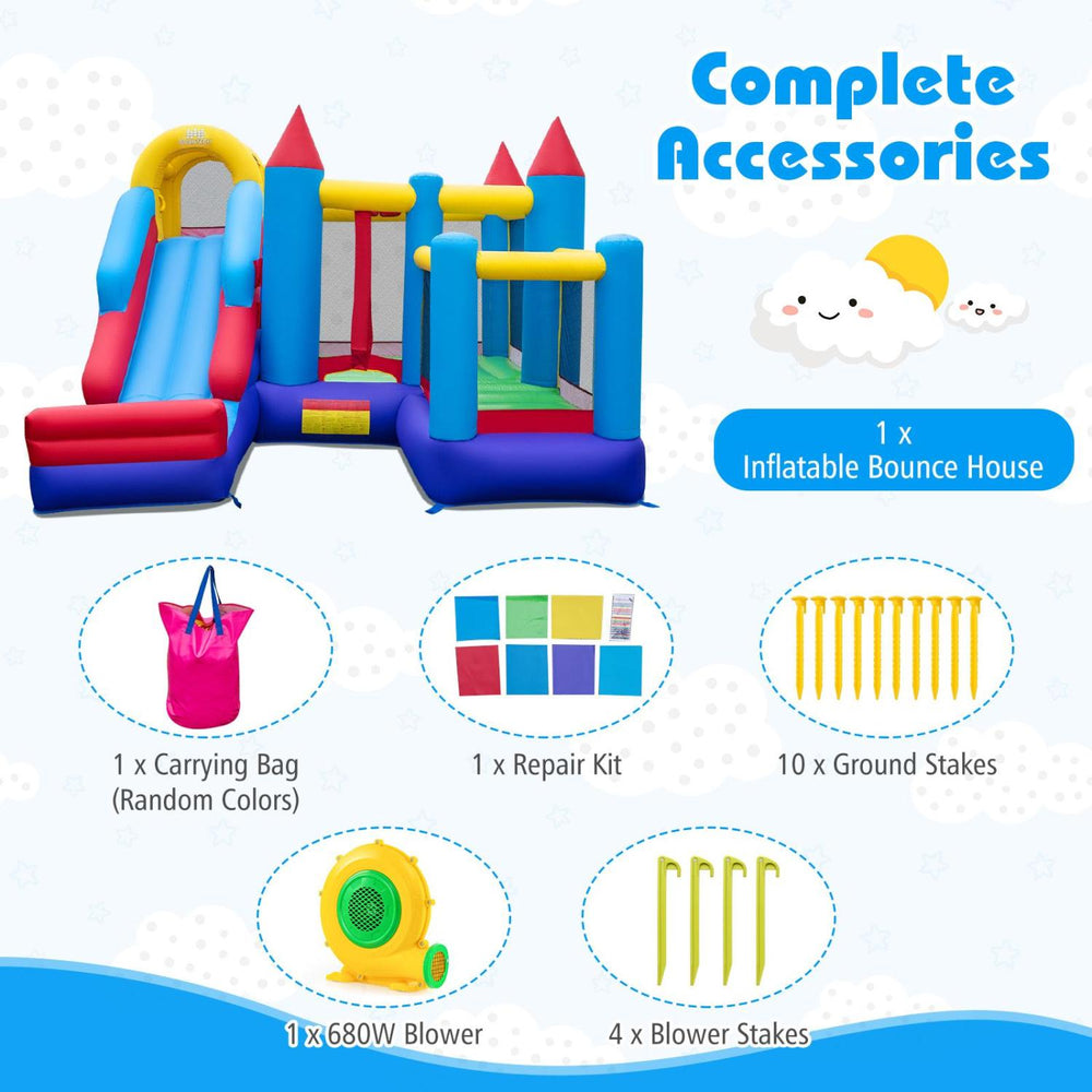 4-in-1 kids bouncer with long slide, basketball hoop, and climbing wall, perfect for outdoor fun in the yard or lawn.