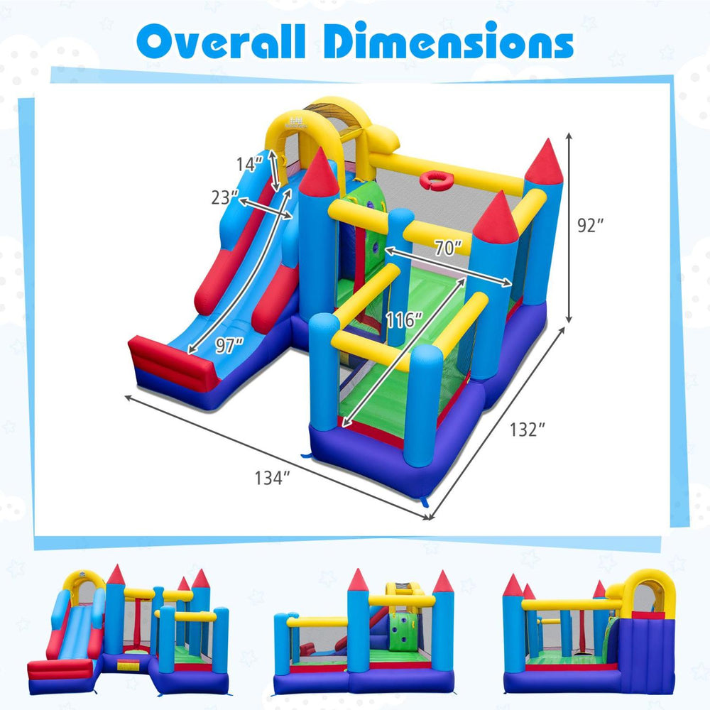 4-in-1 kids bouncer with long slide and jumping area, made of waterproof Oxford cloth, perfect for outdoor fun.