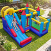 Colorful 4-in-1 inflatable bounce castle with slide, basketball hoop, and climbing wall for outdoor fun and active play.