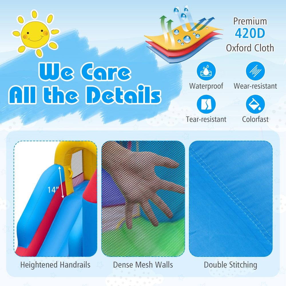 Close-up of the 4-in-1 inflatable bounce castle's dense mesh walls and heightened handrails for safety and fun.