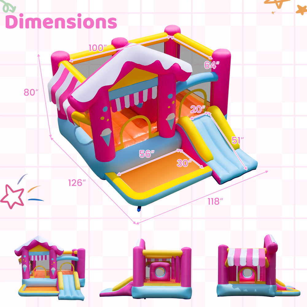 5-in-1 inflatable bounce house with tunnel, slide, and ball pit for kids ages 3-12, featuring a candy-house theme.