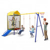 5-in-1 kids swing set featuring a trampoline, slide, and swings, designed for safe outdoor fun in a vibrant yellow.