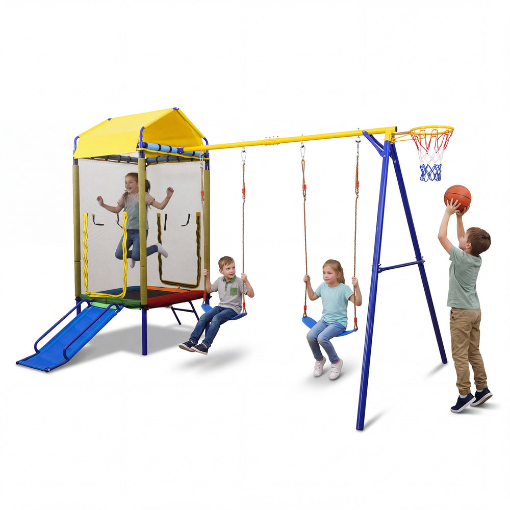 5-in-1 kids swing set featuring a trampoline, slide, and swings, designed for safe outdoor fun in a vibrant yellow.