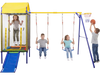 5-in-1 kids swing set featuring a trampoline, slide, and swings for outdoor fun, with a sturdy metal frame and safety.