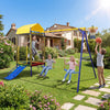 Kids enjoying the 5-in-1 swing set with trampoline, slide, and swings in a sunny backyard setting.
