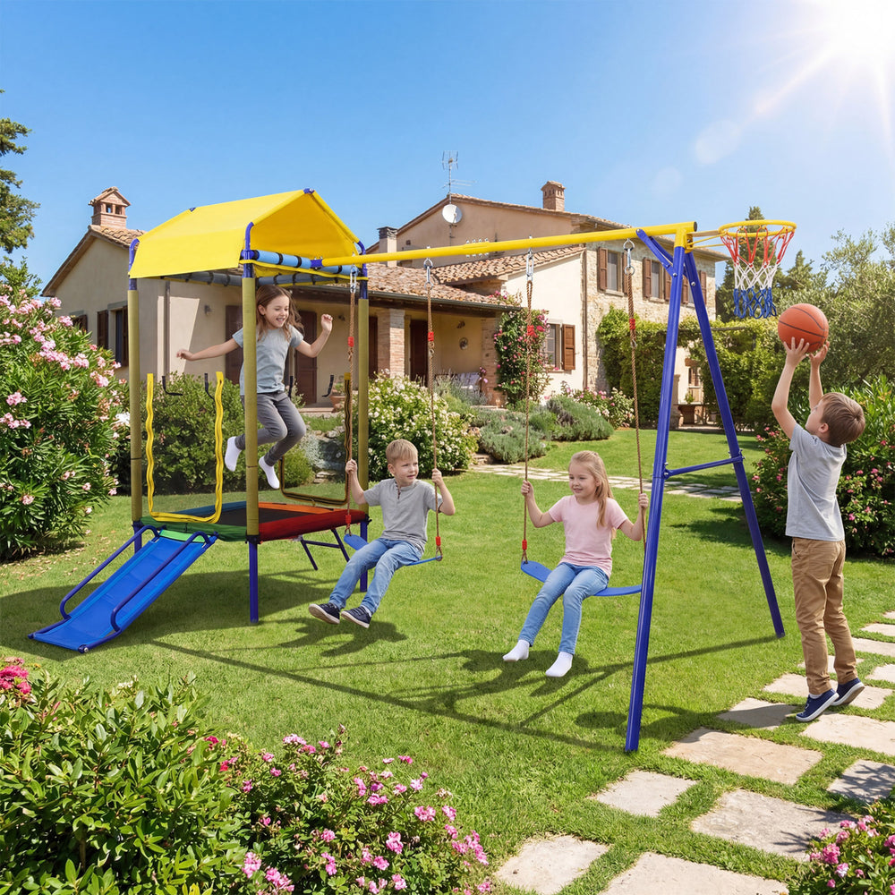 Kids enjoying the 5-in-1 swing set with trampoline, slide, and swings in a sunny backyard setting.