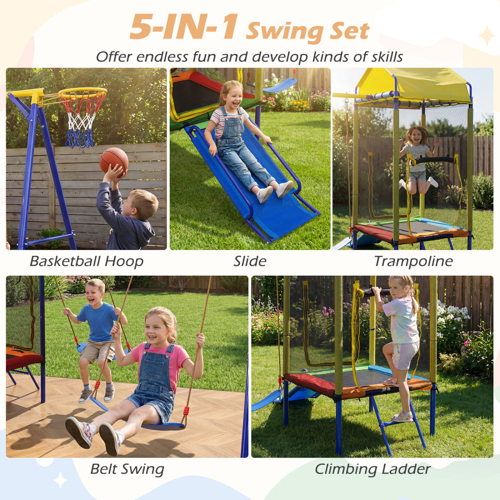 5-in-1 kids swing set featuring a slide, trampoline, and climbing ladder for outdoor fun and skill development.