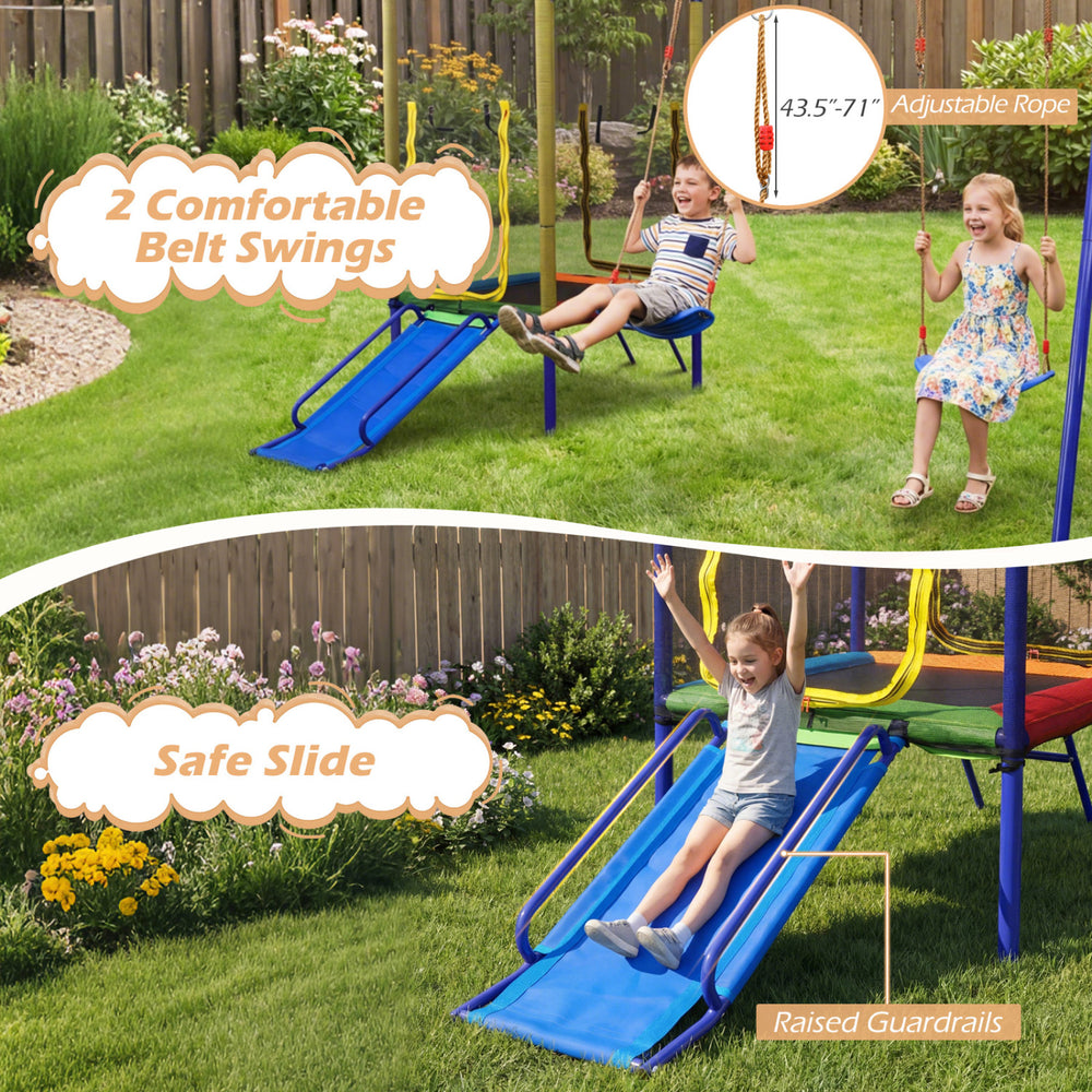 Kids enjoying the 5-in-1 swing set with two swings and a slide, featuring a sturdy metal frame for outdoor fun.