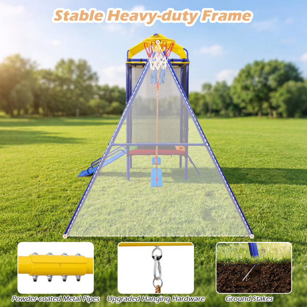 5-in-1 kids swing set featuring a heavy-duty metal frame, trampoline, slide, and secure ground stakes for backyard fun.
