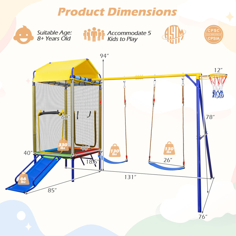 5-in-1 kids swing set featuring a slide, trampoline, and swings, designed for outdoor fun and safety in the backyard.