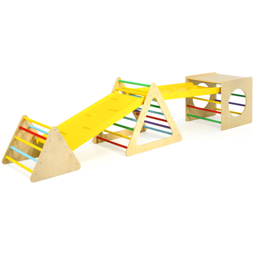 Kids triangle climber play gym set featuring a yellow slide and sturdy wooden construction for safe climbing and.