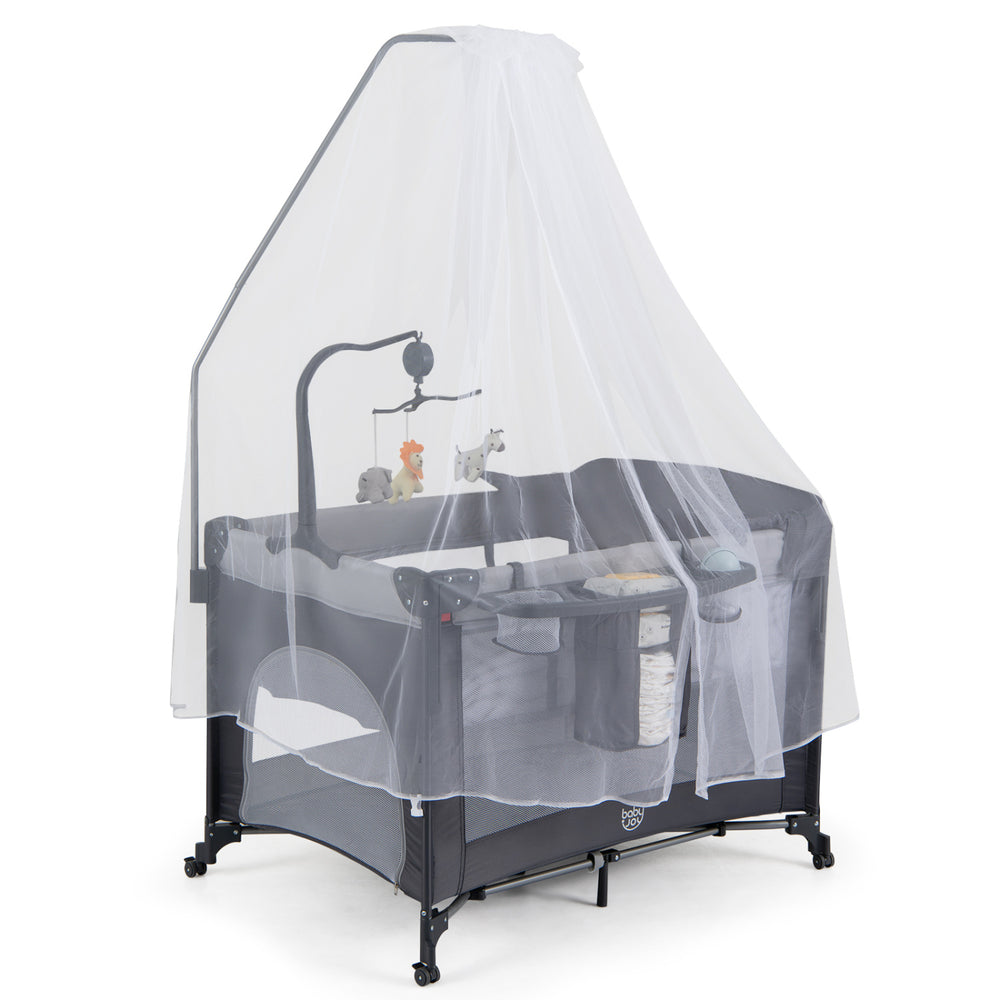 Portable 5 in 1 baby pack and play in black features a mesh canopy, music box, and adjustable height for versatile use.