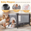 5 in 1 Portable Baby Pack and Play in black features a zip-open side door, breathable mesh, and adjustable height for versatility.