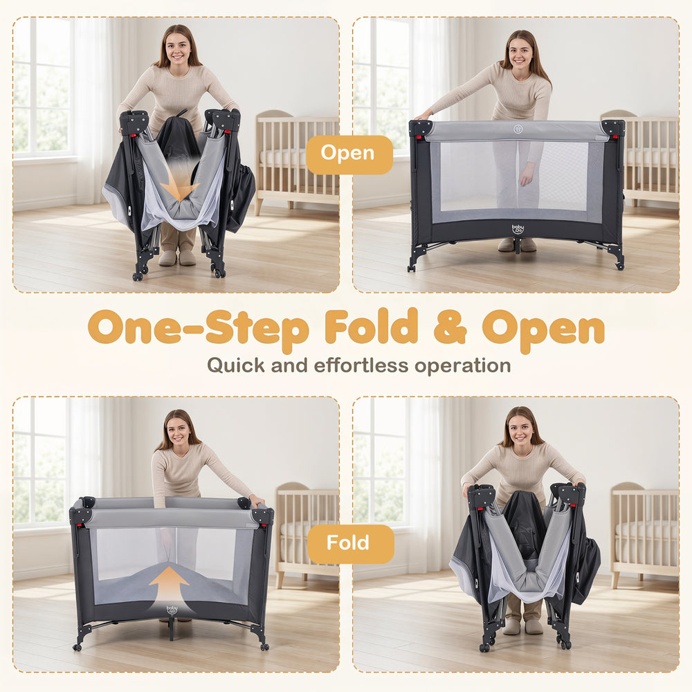 Portable baby pack and play in black, featuring tool-free fold, adjustable height, and included music box for convenience.
