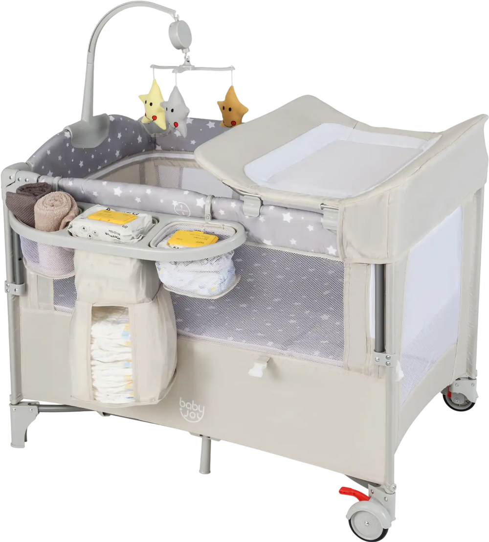 Portable 5-in-1 baby beside sleeper bassinet in beige with changing table, storage pockets, and hanging toys for.