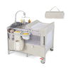 Portable 5-in-1 baby beside sleeper bassinet in beige with diaper changer, storage pockets, and mobile for travel use.