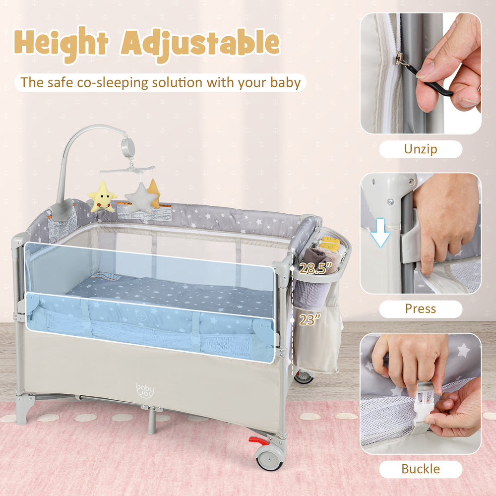 Portable baby beside sleeper bassinet in beige with zipper door, changing table, and safety features for easy use.