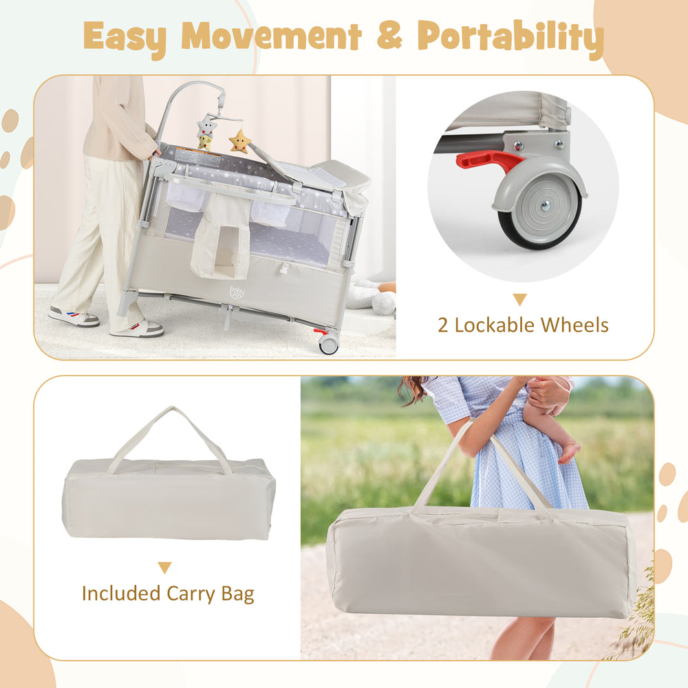 Portable baby beside sleeper bassinet with included carry bag and 2 lockable wheels for easy movement and convenience.