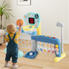 Toddler playing with the 5 in 1 sports toy featuring an adjustable basketball hoop, promoting motor skills and.