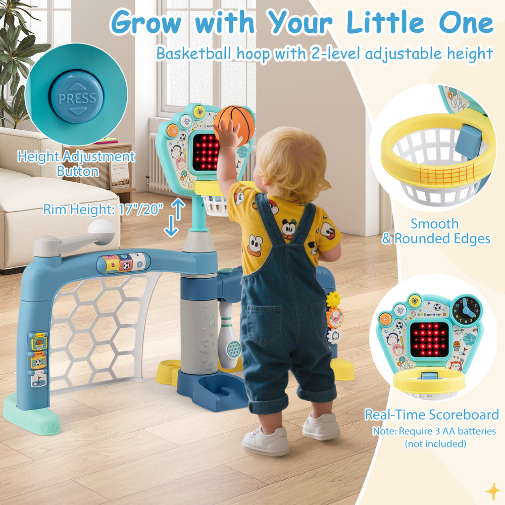 Adjustable basketball hoop from a 5 in 1 toddler sports toy, featuring smooth edges and a real-time scoreboard for fun.