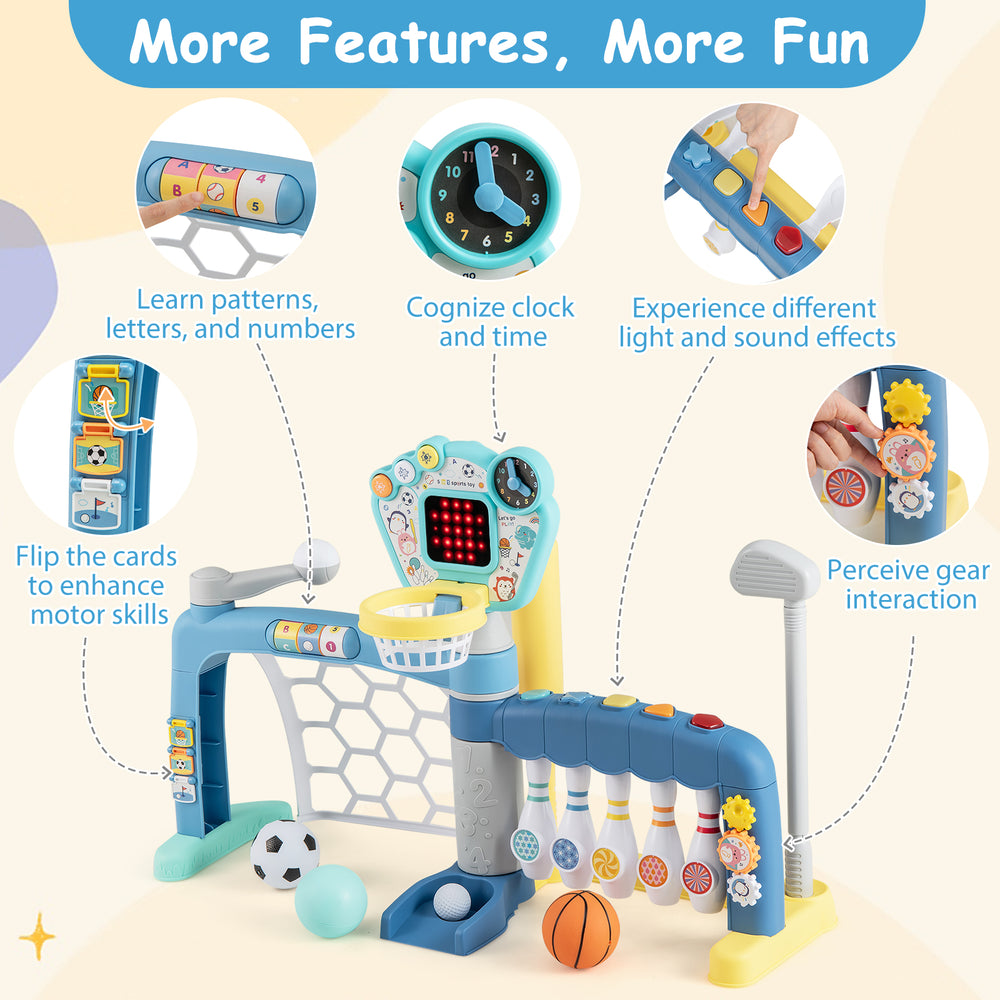 5 in 1 toddler sports toy featuring adjustable basketball hoop, soccer, golf, and educational functions for motor.