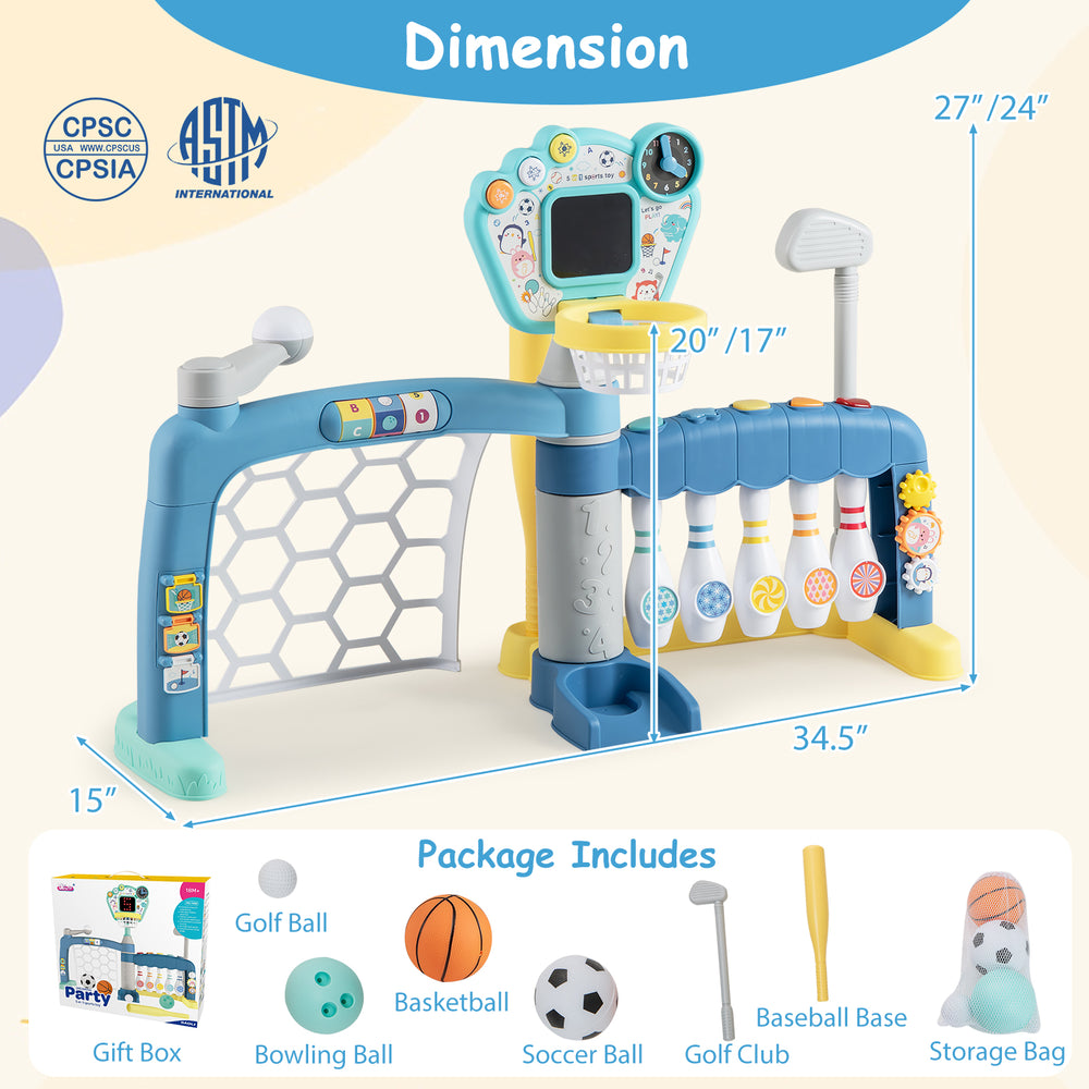 5 in 1 toddler sports toy with adjustable basketball hoop, featuring soccer, golf, baseball, and bowling activities.