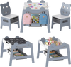 5-in-1 toddler table with reversible chalkboard and whiteboard, grey bear design, includes 2 supportive chairs for kids.