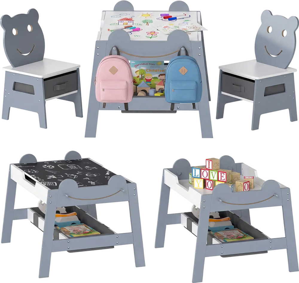 5-in-1 toddler table with reversible chalkboard and whiteboard, grey bear design, includes 2 supportive chairs for kids.