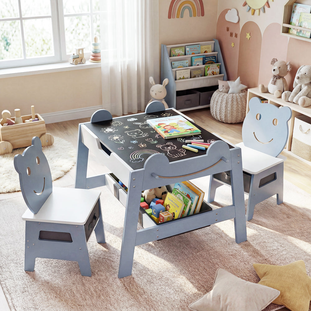 Cute 5-in-1 toddler table set with reversible chalkboard, whiteboard, and bear-shaped chairs for creative play.