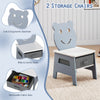Toddler chair with bear-shaped backrest, grey color, features storage drawer for organizing art supplies.