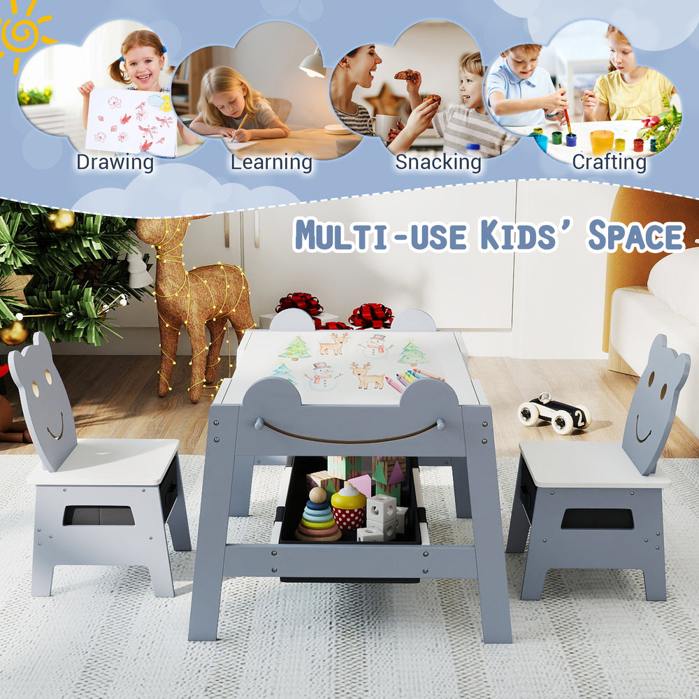 5-in-1 toddler table with reversible chalkboard and whiteboard, paired with two bear-shaped chairs for creative play.