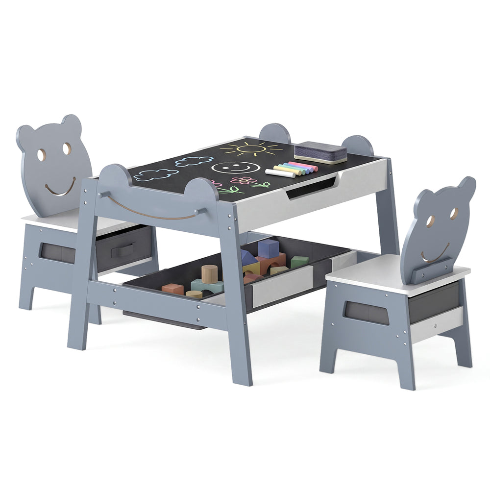5-in-1 toddler table with reversible chalkboard and whiteboard, featuring bear-shaped chairs for creative play.
