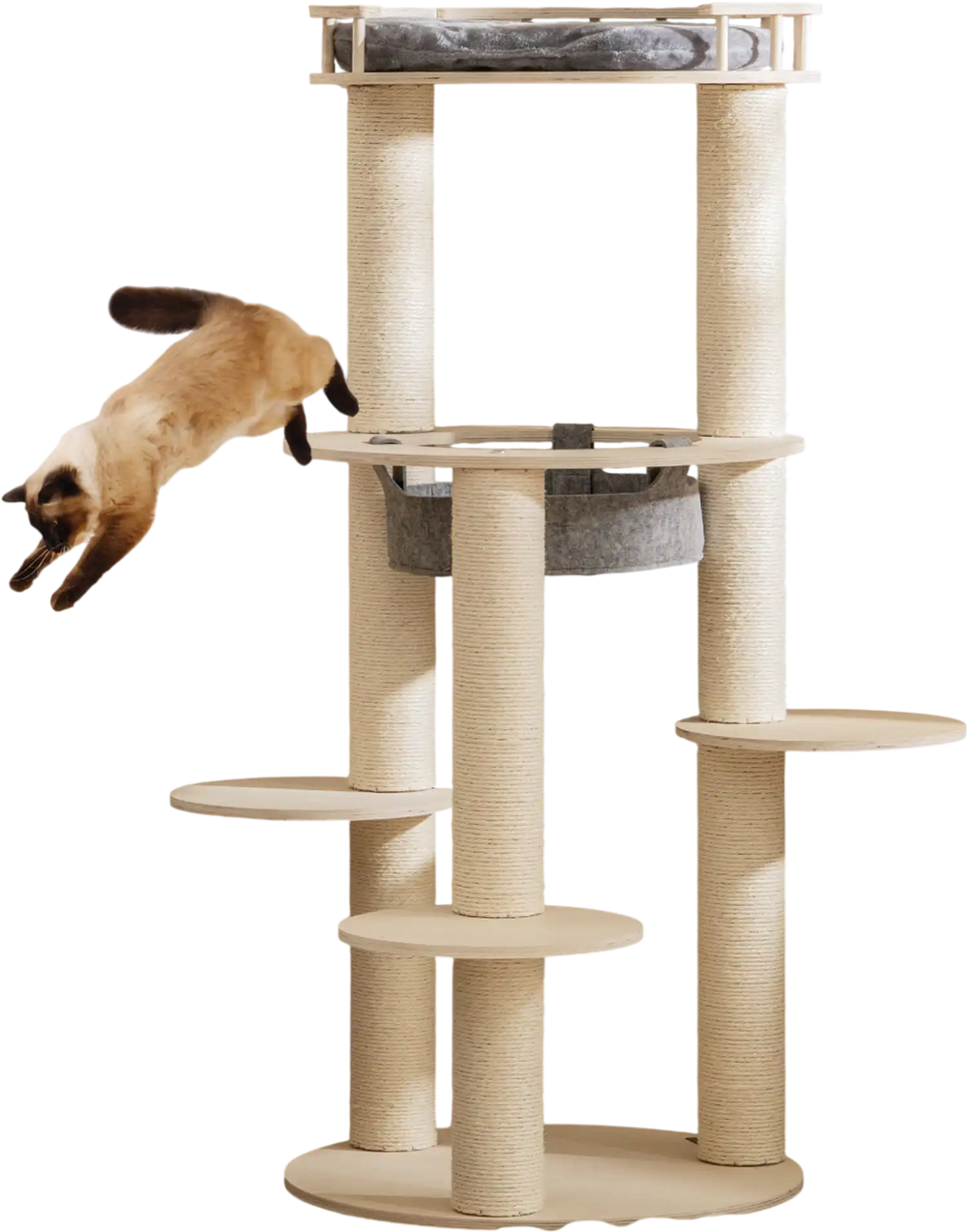 5-level wooden cat tree featuring a padded perch and non-woven hammock, designed for cat comfort and durability.