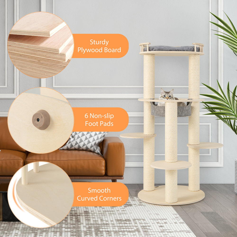5-level wooden cat tree featuring a sturdy plywood board, non-slip foot pads, and smooth curved corners for safety.